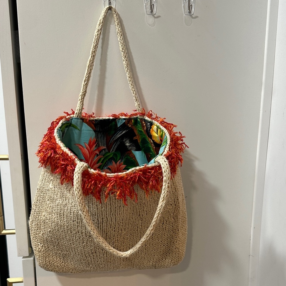 Woven Straw Tote Bag with Red Fringe and Tropical Lining